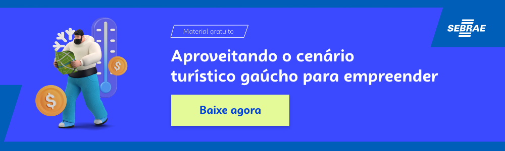 Banner com direcionamento para o conteúdo completo do blogpost do Sebrae RS sobre o cenário turístico gaúcho. Nele temos uma ilustração que remete a um turista. No lado direito da imagem temo a marca do Sebrae, a sinalização de conteúdo gratuito e a frase "Aproveitando o cenário turístico gaúcho para empreender". Logo abaixo está o botão para download do conteúdo completo.