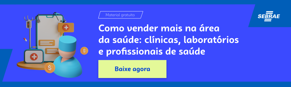 Banner com direcionamento para o conteúdo completo do blog post do Sebrae RS sobre vendas na área da saúde. Nele, temos uma ilustração com elementos da área da saúde. No lado direito temos a marca do Sebrae, a sinalização de material gratuito e a frase "Como vender mais e melhor na área da saúde: clínicas, laboratórios e profissionais da saúde". Logo abaixo temos o botão que direciona para o download do conteúdo completo.