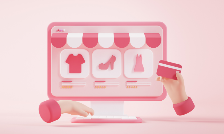 Imagem destaque do blog post do Sebrae RS sobre moda online. Nele temos uma ilustração que remete a uma compra feita em loja virtual.