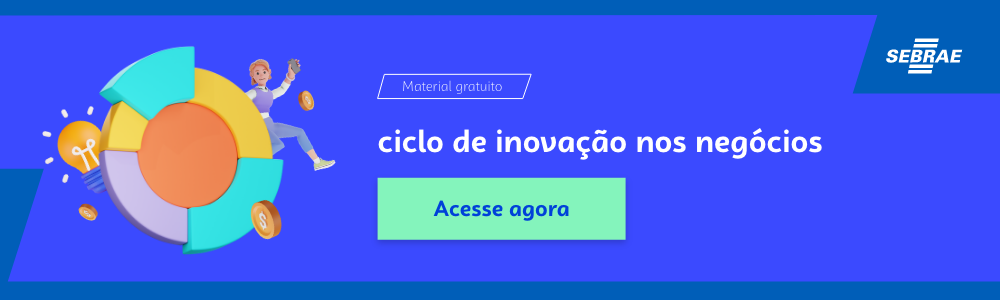 Banner do blog post do Sebrae RS. Na imagem de fundo azul, temos uma ilustração que remete à temática do texto no lado esquerdo. No lado direito temos a marca do Sebrae, a sinalização de conteúdo gratuito e a frase “Da ideia à implementação: o ciclo de inovação nos negócios”. Logo abaixo temos o botão que direciona para o download do conteúdo completo.