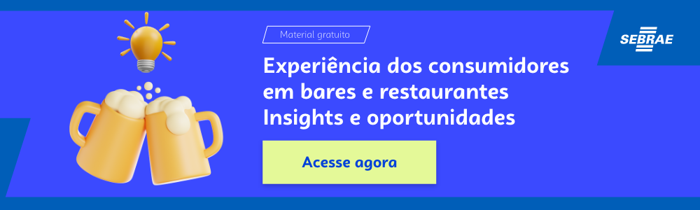 Banner do blog post do Sebrae RS. Na imagem de fundo azul, temos uma ilustração que remete à temática do texto no lado esquerdo. No lado direito temos a marca do Sebrae, a sinalização de conteúdo gratuito e a frase “Experiência dos consumidores em bares e restaurantes: insights e oportunidades”. Logo abaixo temos o botão que direciona para o download do conteúdo completo.