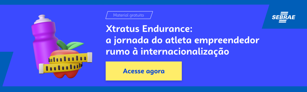 Banner do blog post do Sebrae RS. Na imagem de fundo azul, temos uma ilustração que remete à temática do texto no lado esquerdo. No lado direito temos a marca do Sebrae, a sinalização de conteúdo gratuito e a frase “Xtratus Endurance: a jornada do atleta empreendedor rumo à internacionalização”. Logo abaixo temos o botão que direciona para o download do conteúdo completo.