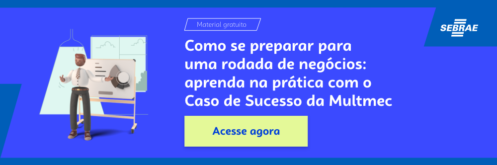 Banner do blog post do Sebrae RS. Na imagem de fundo azul, temos uma ilustração que remete à temática do texto no lado esquerdo. No lado direito temos a marca do Sebrae, a sinalização de conteúdo gratuito e a frase “Como se preparar para uma rodada de negócios: aprenda na prática com o Caso de Sucesso da Multmec”. Logo abaixo temos o botão que direciona para o download do conteúdo completo.