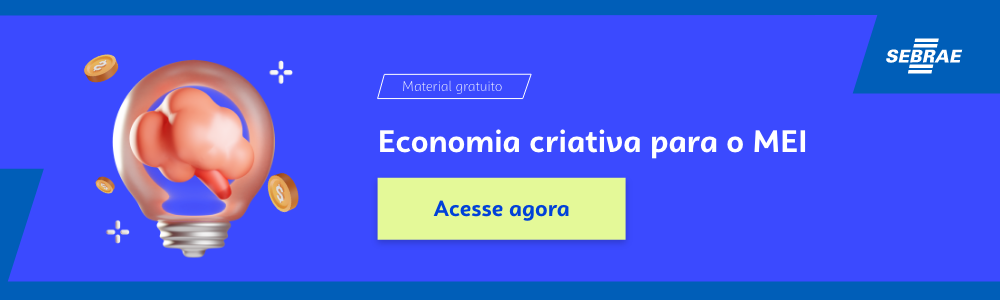 Banner do blog post do Sebrae RS. Na imagem de fundo azul, temos uma ilustração que remete à temática do texto no lado esquerdo. No lado direito temos a marca do Sebrae, a sinalização de conteúdo gratuito e a frase “Economia criativa para o MEI”. Logo abaixo temos o botão que direciona para o download do conteúdo completo.