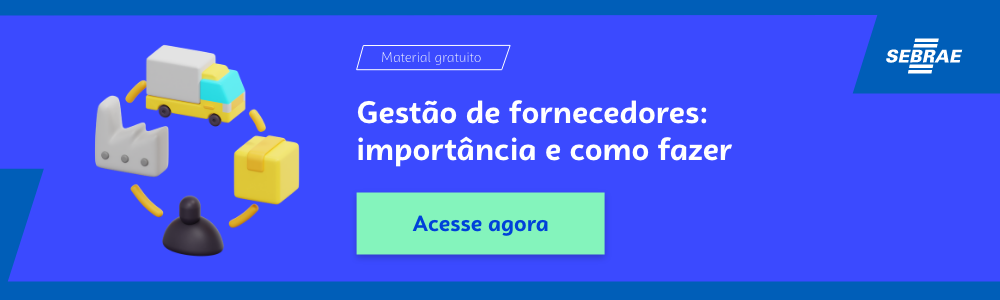 Banner do blog post do Sebrae RS. Na imagem de fundo azul, temos uma ilustração que remete à temática do texto no lado esquerdo. No lado direito temos a marca do Sebrae, a sinalização de conteúdo gratuito e a frase “Gestão de fornecedores: importância e como fazer”. Logo abaixo temos o botão que direciona para o download do conteúdo completo.