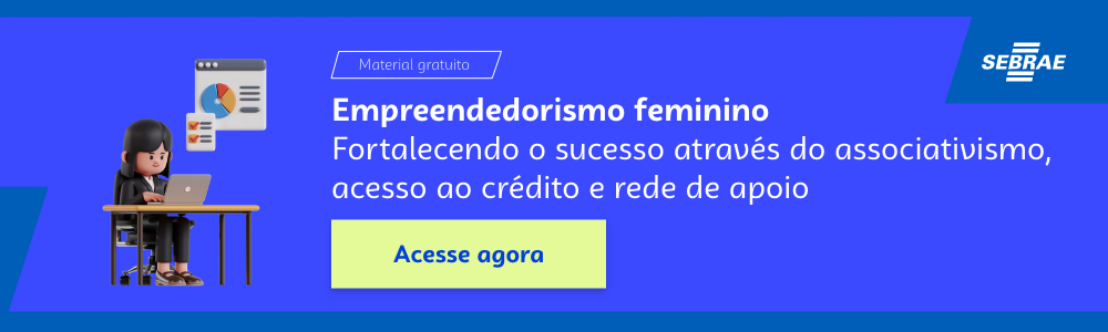 Banner do blog post do Sebrae RS. Na imagem de fundo azul, temos uma ilustração que remete à temática do texto no lado esquerdo. No lado direito temos a marca do Sebrae, a sinalização de conteúdo gratuito e a frase “Empreendedorismo feminino: fortalecendo o sucesso através do associativismo, acesso ao crédito e rede de apoio”. Logo abaixo temos o botão que direciona para o download do conteúdo completo.