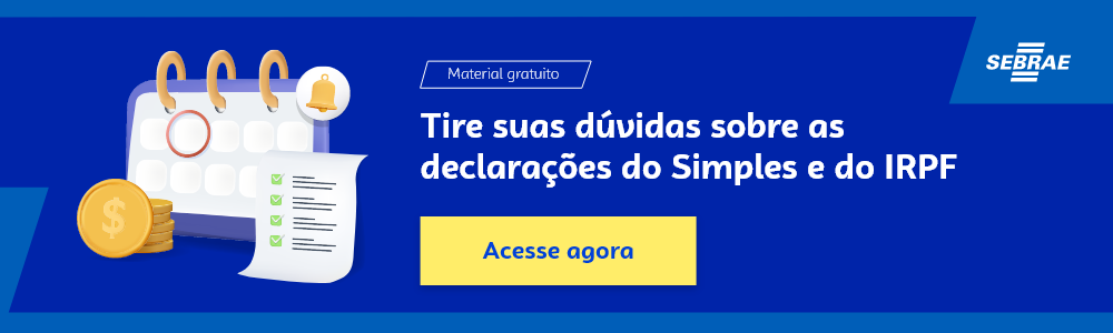 Banner do blog post do Sebrae RS. Na imagem de fundo azul, temos uma ilustração que remete à temática do texto no lado esquerdo. No lado direito temos a marca do Sebrae, a sinalização de conteúdo gratuito e a frase “Tire suas dúvidas sobre as declarações do Simples e do IRPF”. Logo abaixo temos o botão que direciona para o download do conteúdo completo.