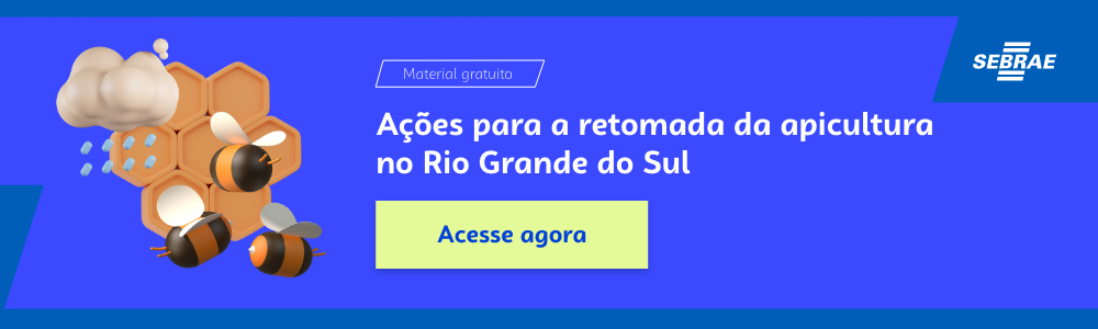 Banner do blog post do Sebrae RS. Na imagem de fundo azul, temos uma ilustração que remete à temática do texto no lado esquerdo. No lado direito temos a marca do Sebrae, a sinalização de conteúdo gratuito e a frase “Ações para a retomada da apicultura no Rio Grande do Sul”. Logo abaixo temos o botão que direciona para o download do conteúdo completo.