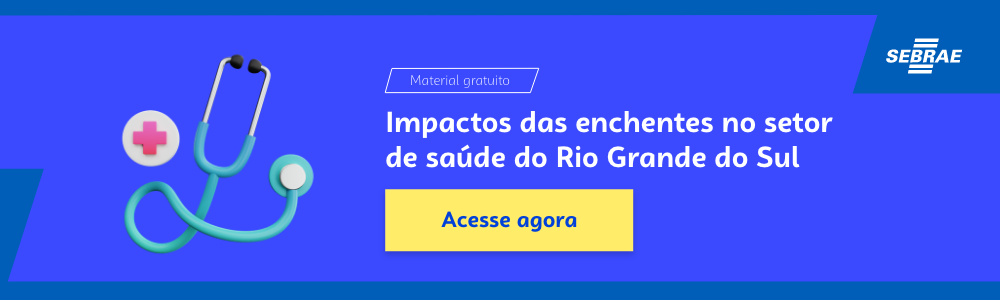 Banner do blog post do Sebrae RS. Na imagem de fundo azul, temos uma ilustração que remete à temática do texto no lado esquerdo. No lado direito temos a marca do Sebrae, a sinalização de conteúdo gratuito e a frase “Impactos das enchentes no setor de saúde do Rio Grande do Sul”. Logo abaixo temos o botão que direciona para o download do conteúdo completo.