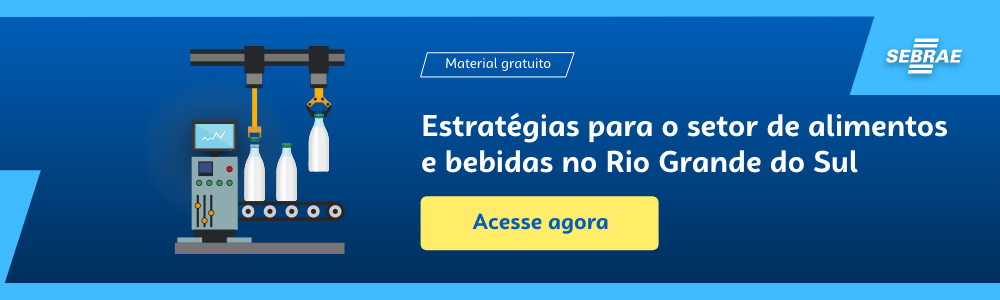 Banner do blog post do Sebrae RS. Na imagem de fundo azul, temos uma ilustração que remete à temática do texto no lado esquerdo. No lado direito temos a marca do Sebrae, a sinalização de conteúdo gratuito e a frase “Estratégias para o setor de alimentos e bebidas no Rio Grande do Sul”. Logo abaixo temos o botão que direciona para o download do conteúdo completo.