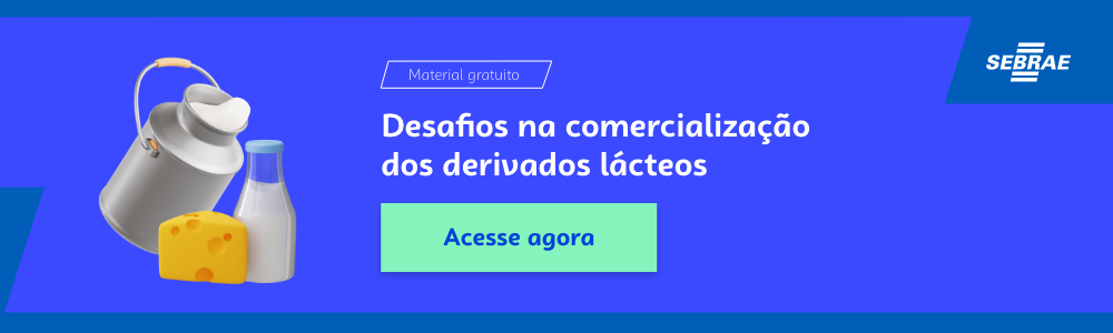 Banner do blog post do Sebrae RS. Na imagem de fundo azul, temos uma ilustração que remete à temática do texto no lado esquerdo. No lado direito temos a marca do Sebrae, a sinalização de conteúdo gratuito e a frase “Desafios na comercialização dos derivados lácteos”. Logo abaixo temos o botão que direciona para o download do conteúdo completo.