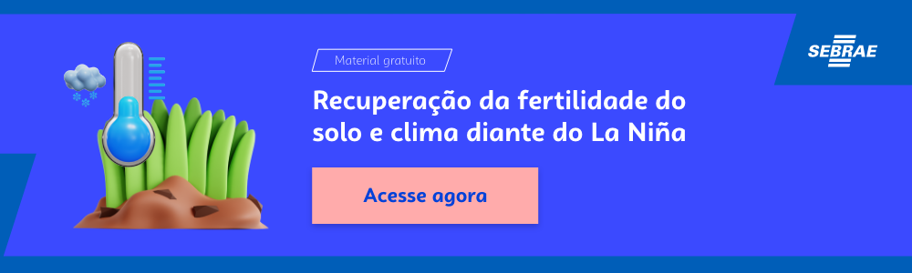 Banner do blog post do Sebrae RS. Na imagem de fundo azul, temos uma ilustração que remete à temática do texto no lado esquerdo. No lado direito temos a marca do Sebrae, a sinalização de conteúdo gratuito e a frase “Recuperação da fertilidade do solo e clima diante do La Niña”. Logo abaixo temos o botão que direciona para o download do conteúdo completo.