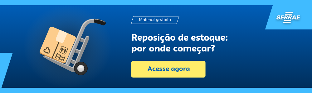 Banner do blog post do Sebrae RS. Na imagem de fundo azul, temos uma ilustração que remete à temática do texto no lado esquerdo. No lado direito temos a marca do Sebrae, a sinalização de conteúdo gratuito e a frase “Reposição de estoque: por onde começar?”. Logo abaixo temos o botão que direciona para o download do conteúdo completo.