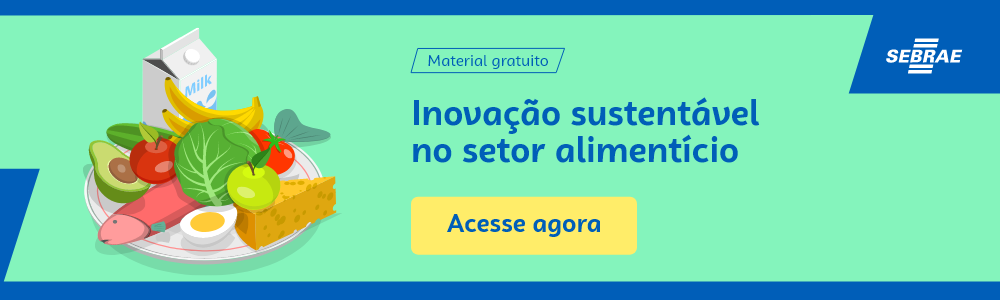 Banner do blog post do Sebrae RS. Na imagem de fundo azul, temos uma ilustração que remete à temática do texto no lado esquerdo. No lado direito temos a marca do Sebrae, a sinalização de conteúdo gratuito e a frase “Inovação sustentável no setor alimentício”. Logo abaixo temos o botão que direciona para o download do conteúdo completo.