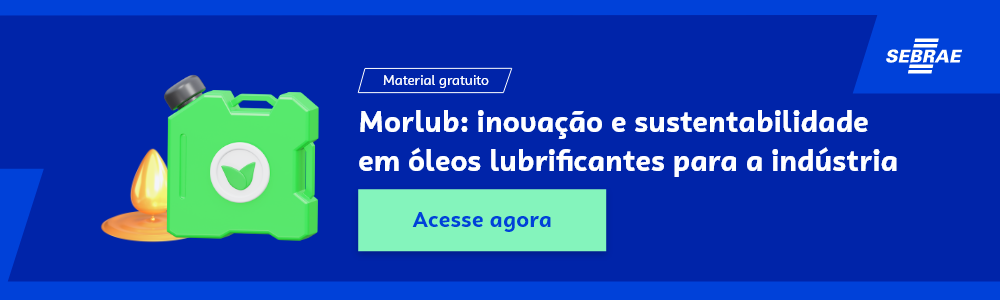 Banner do blog post do Sebrae RS. Na imagem de fundo azul, temos uma ilustração que remete à temática do texto no lado esquerdo. No lado direito temos a marca do Sebrae, a sinalização de conteúdo gratuito e a frase “Morlub: inovação e sustentabilidade em óleos lubrificantes para a indústria”. Logo abaixo temos o botão que direciona para o download do conteúdo completo.