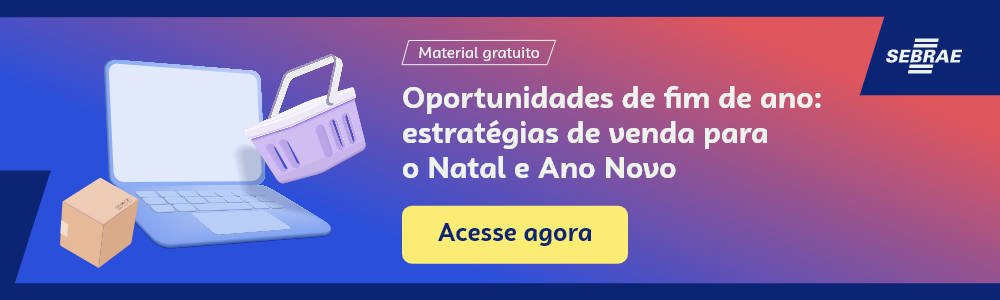 Banner do blog post do Sebrae RS. Na imagem de fundo azul, temos uma ilustração que remete à temática do texto no lado esquerdo. No lado direito temos a marca do Sebrae, a sinalização de conteúdo gratuito e a frase “Oportunidades de fim de ano: estratégias de venda para o Natal e Ano Novo”. Logo abaixo temos o botão que direciona para o download do conteúdo completo.