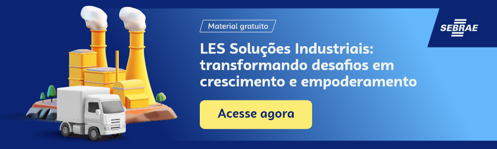 Banner do blog post do Sebrae RS. Na imagem de fundo azul, temos uma ilustração que remete à temática do texto no lado esquerdo. No lado direito temos a marca do Sebrae, a sinalização de conteúdo gratuito e a frase “LES Soluções Industriais: Transformando desafios em crescimento e empoderamento”. Logo abaixo temos o botão que direciona para o download do conteúdo completo.