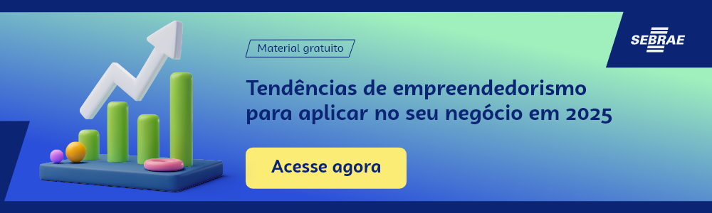 Banner do blog post do Sebrae RS. Na imagem de fundo azul, temos uma ilustração que remete à temática do texto no lado esquerdo. No lado direito temos a marca do Sebrae, a sinalização de conteúdo gratuito e a frase “Tendências de empreendedorismo para aplicar no seu negócio em 2025”. Logo abaixo temos o botão que direciona para o download do conteúdo completo.