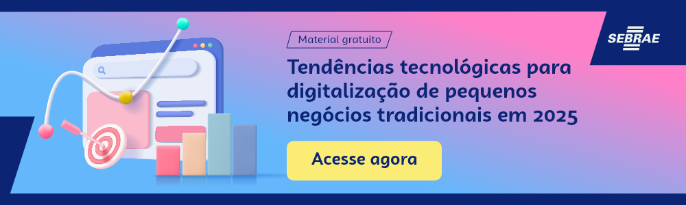 Banner do blog post do Sebrae RS. Na imagem de fundo azul, temos uma ilustração que remete à temática do texto no lado esquerdo. No lado direito temos a marca do Sebrae, a sinalização de conteúdo gratuito e a frase “Tendências tecnológicas para digitalização de pequenos negócios tradicionais em 2025”. Logo abaixo temos o botão que direciona para o download do conteúdo completo.