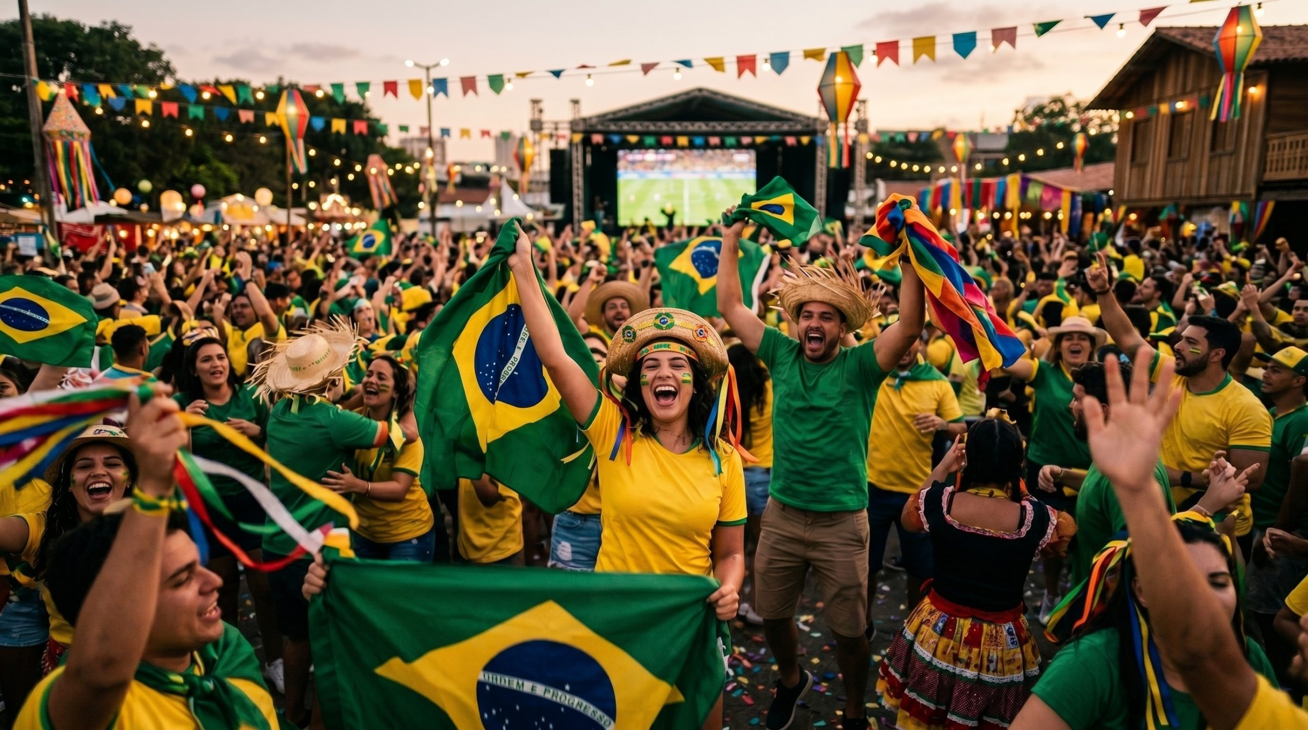 Imagem destaque do blogpost oportunidades de junho 2026. A imagem contém várias pessoas reunidas festejando em um jogo do Brasil e em clima de festa junina. 